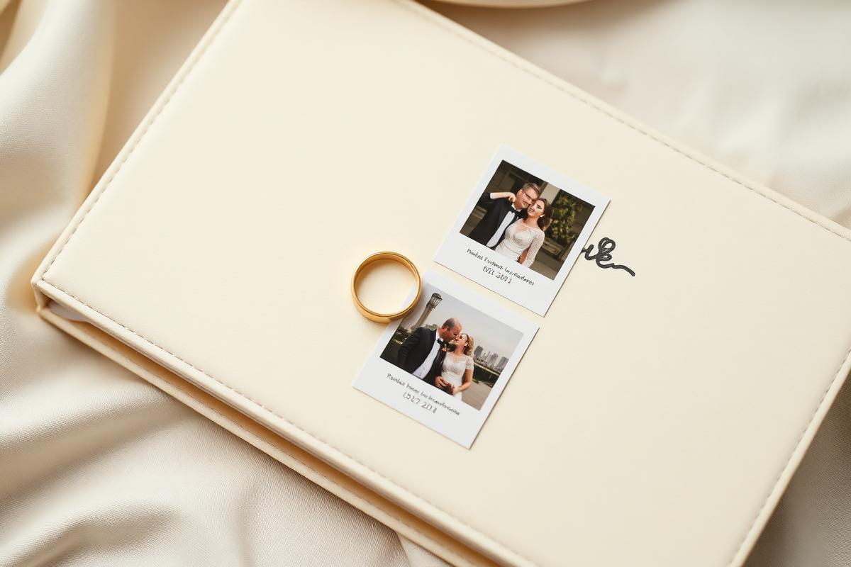 Álbum bege com fotos de casal e aliança dourada