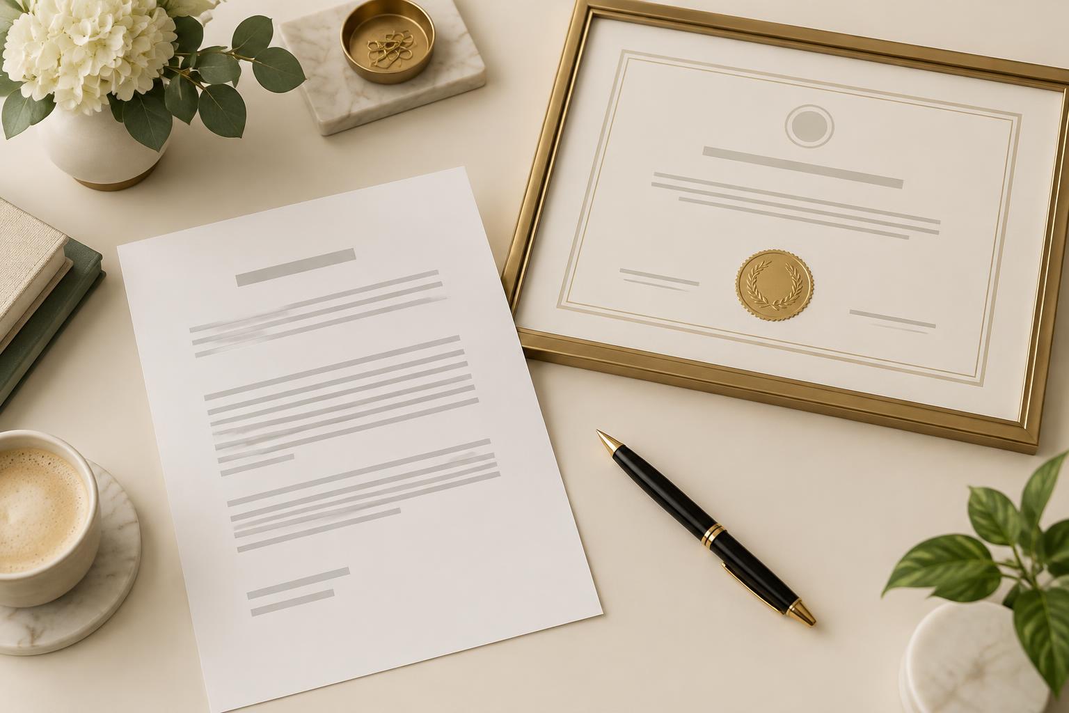 Currículo impresso e certificado sobre mesa creme