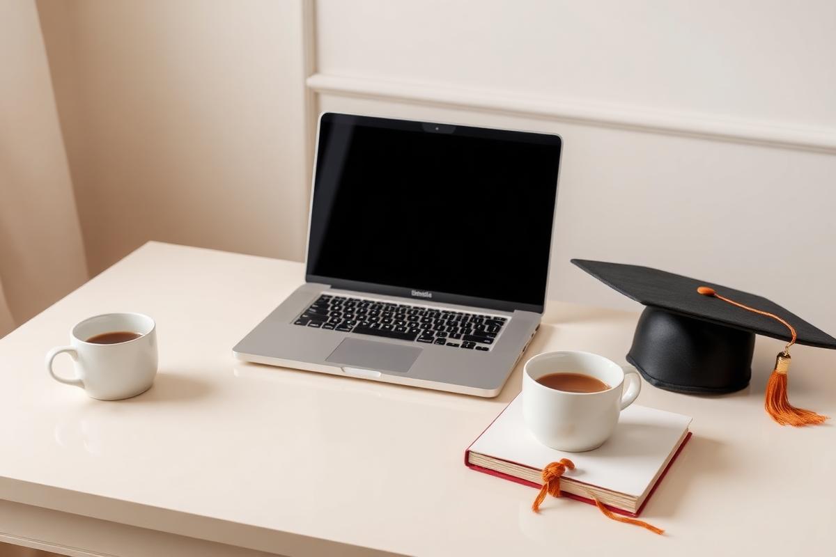 Laptop, caderno e capelo sobre mesa clara