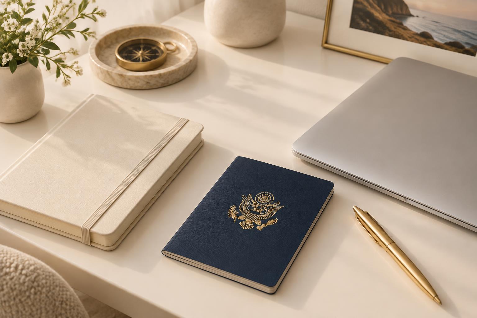 Mesa de estudos com passaportes, caderno e laptop