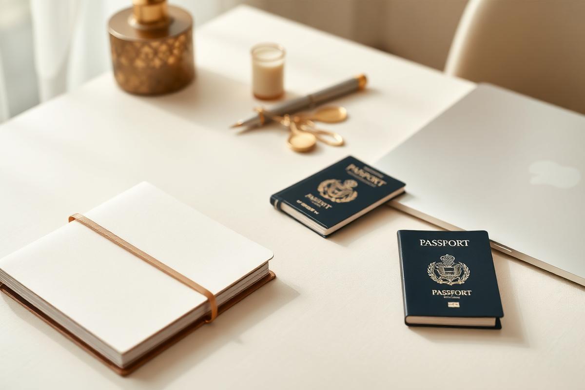 Mesa de estudos com passaportes, caderno e laptop