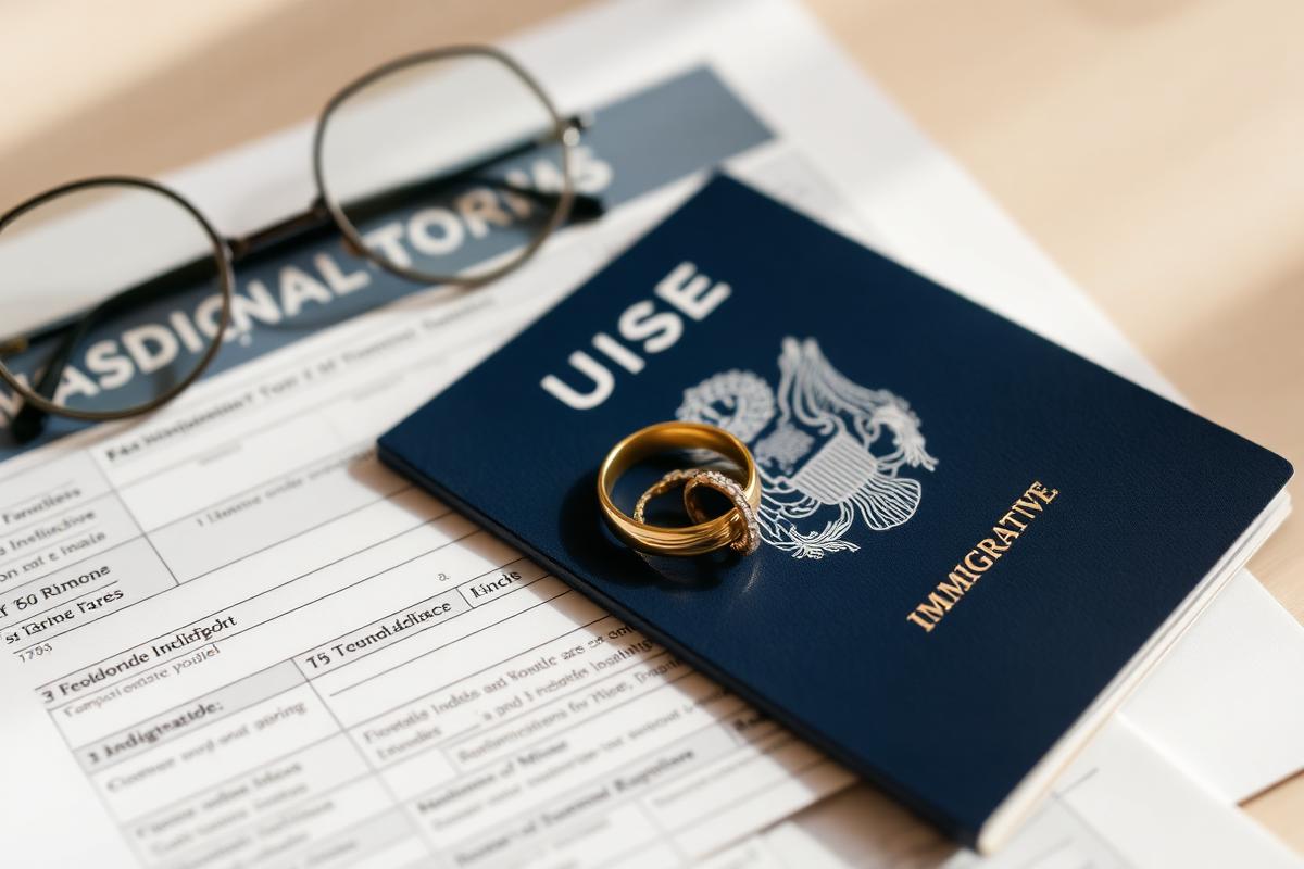 Alianças de casamento sobre passaporte e formulário de imigração