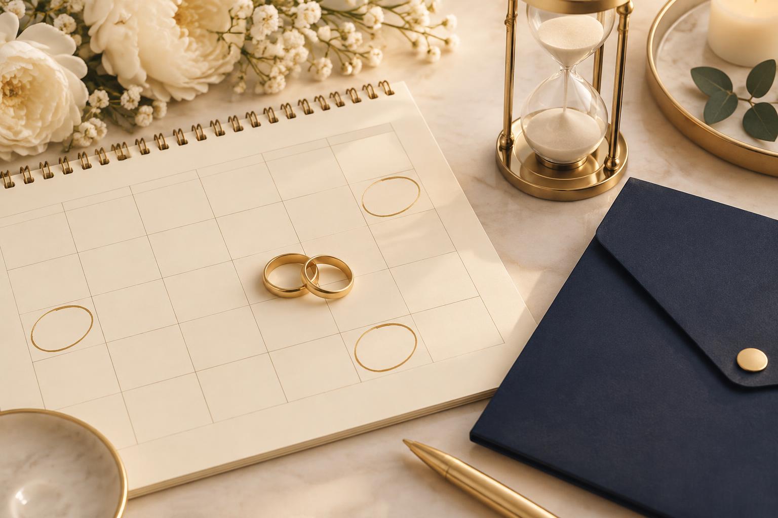 Alianças de casamento sobre calendário, ampulheta e pasta de documentos