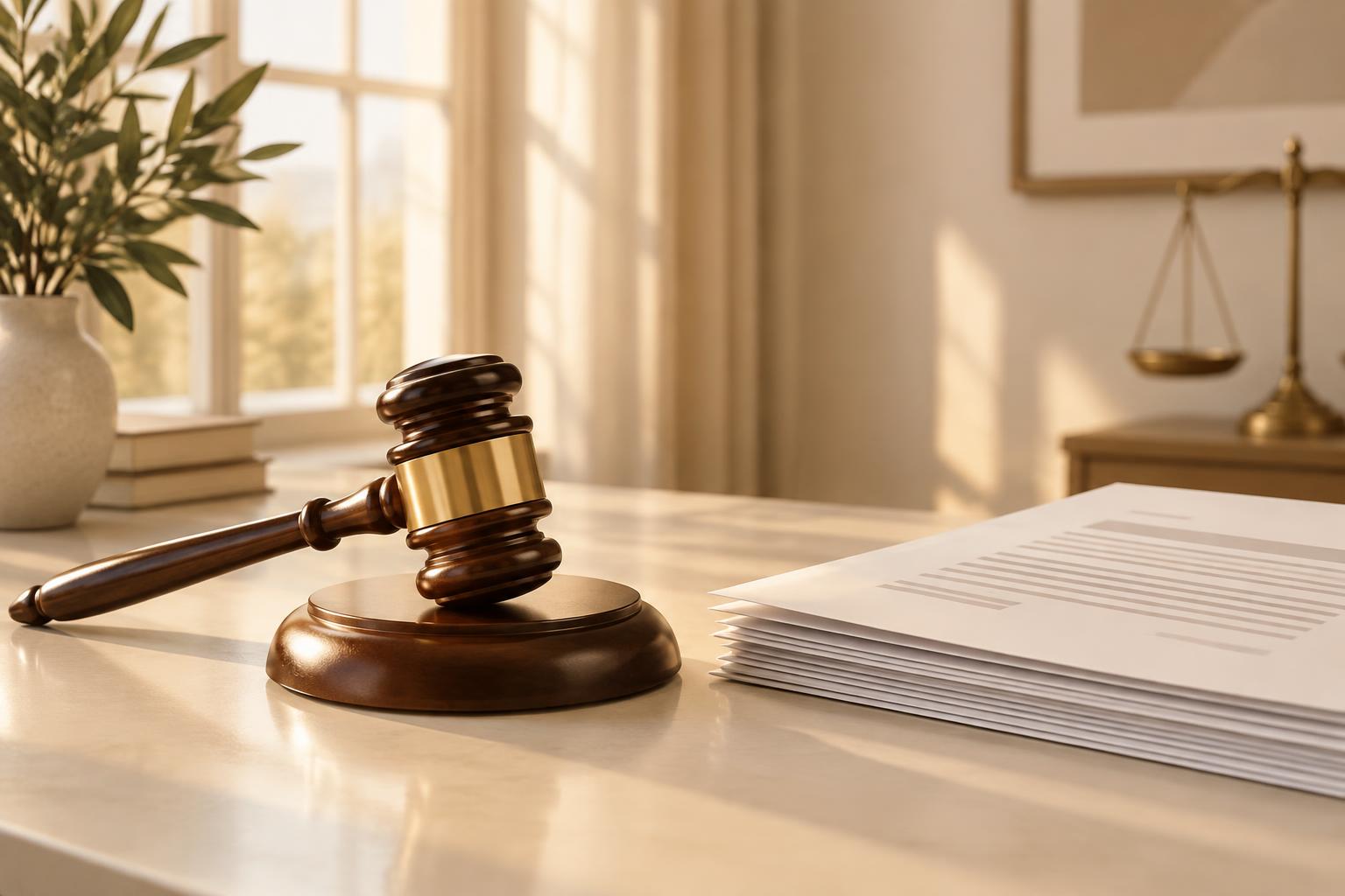 Documentos judiciais e martelo sobre mesa clara