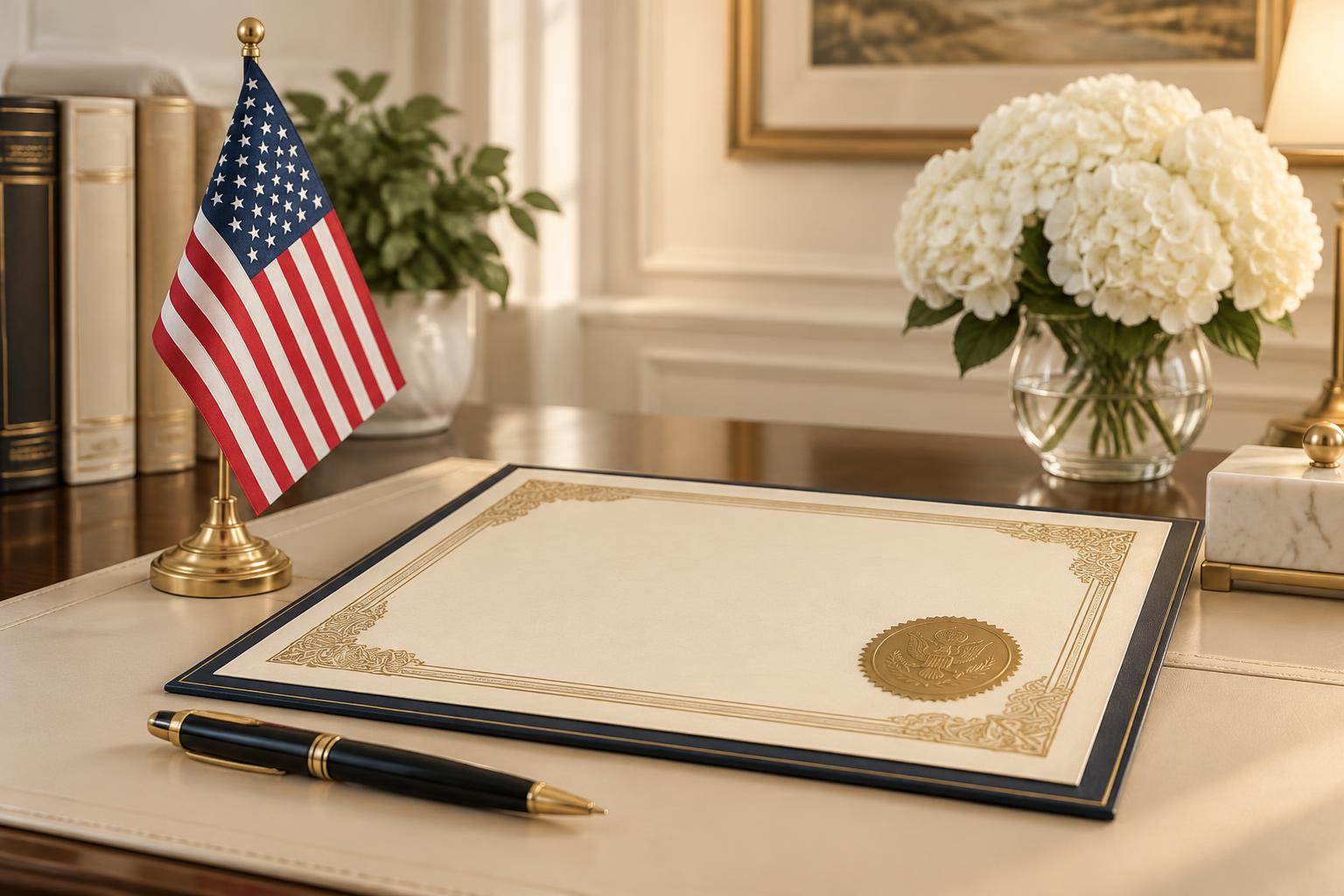 Bandeira americana ao lado de certificado de naturalização e caneta
