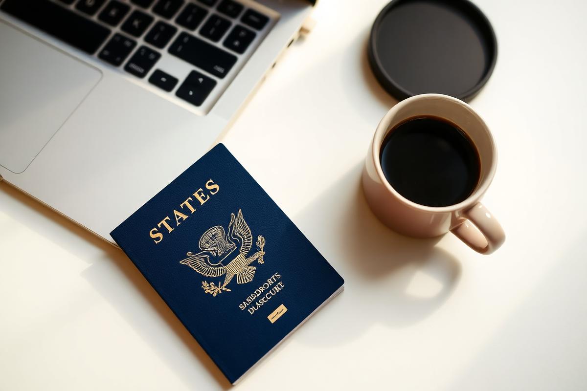 Passaporte americano ao lado de laptop e xícara de café