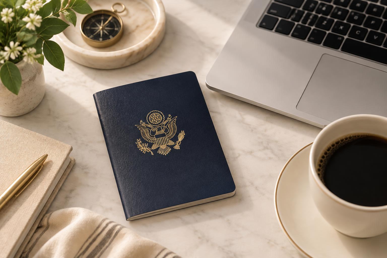 Passaporte americano ao lado de laptop e xícara de café