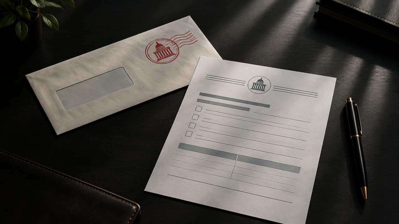 Envelope oficial e documentos sobre mesa clara